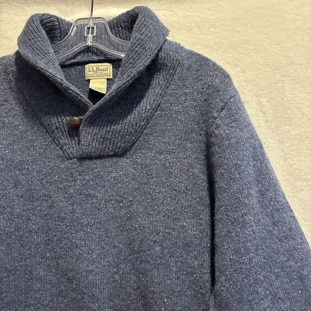 LL Bean Shetland Wool Shawl Collar Sweater Men's Size Large Blue Elbow Patches